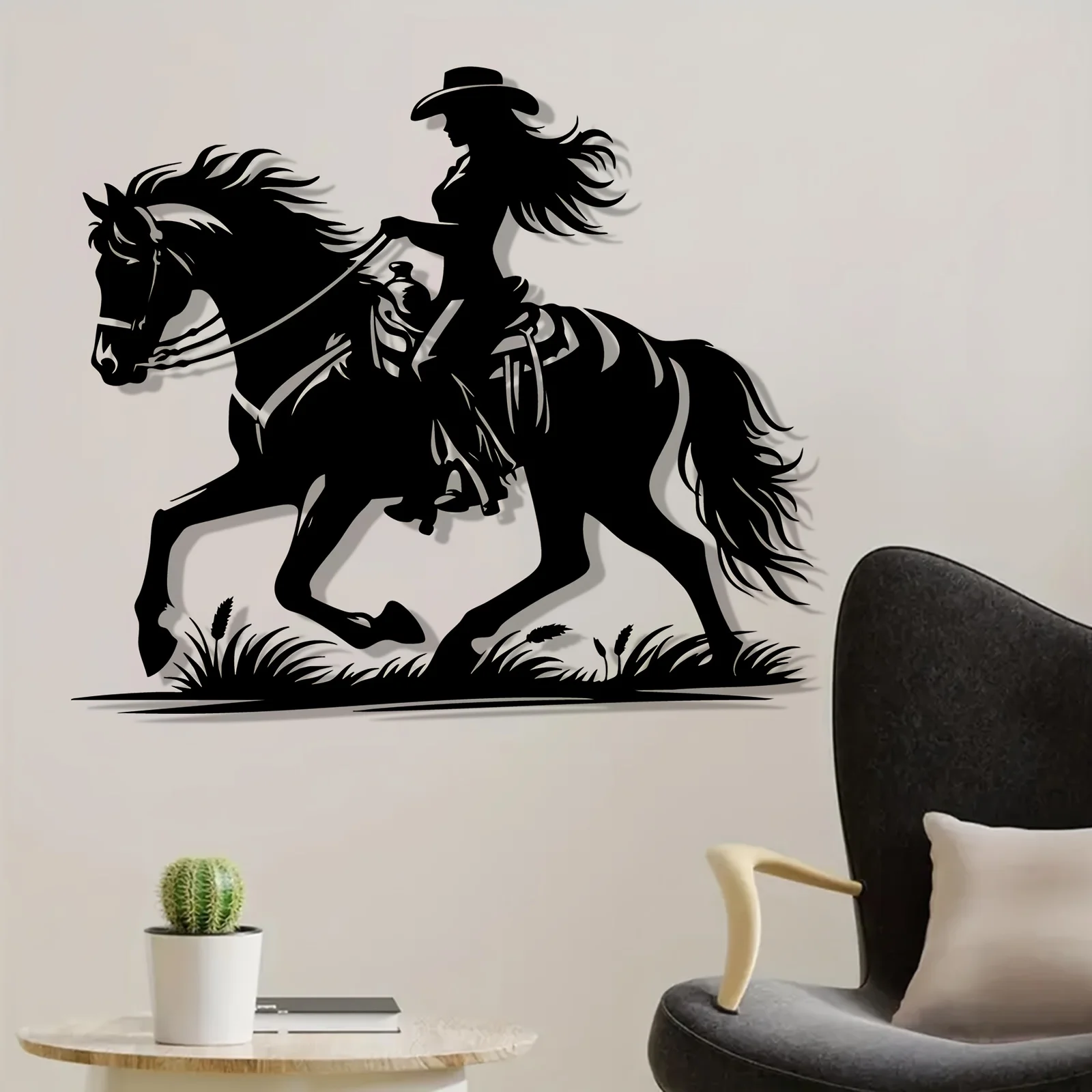 Cowgirl Horse Iron Wall Art Western Ranch Backyard Rodeo Hanging Sign Gift Ornament Home Patio Fence Sculpture Decor