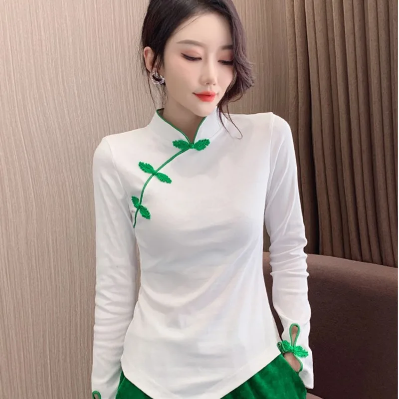 #4220 Black White Chinese Style Vintage T Shirt Women Stand Collar Long Sleeve T Shirt Cotton Asymmetrical T Shirt For Girl Sexy