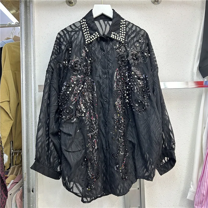 

Blouses Women Shirt Vintage Turn Down Collar Single Breasted Full Sleeve Tops Beaded Pearls Y2k Streetwear Elegant 2026 Spring