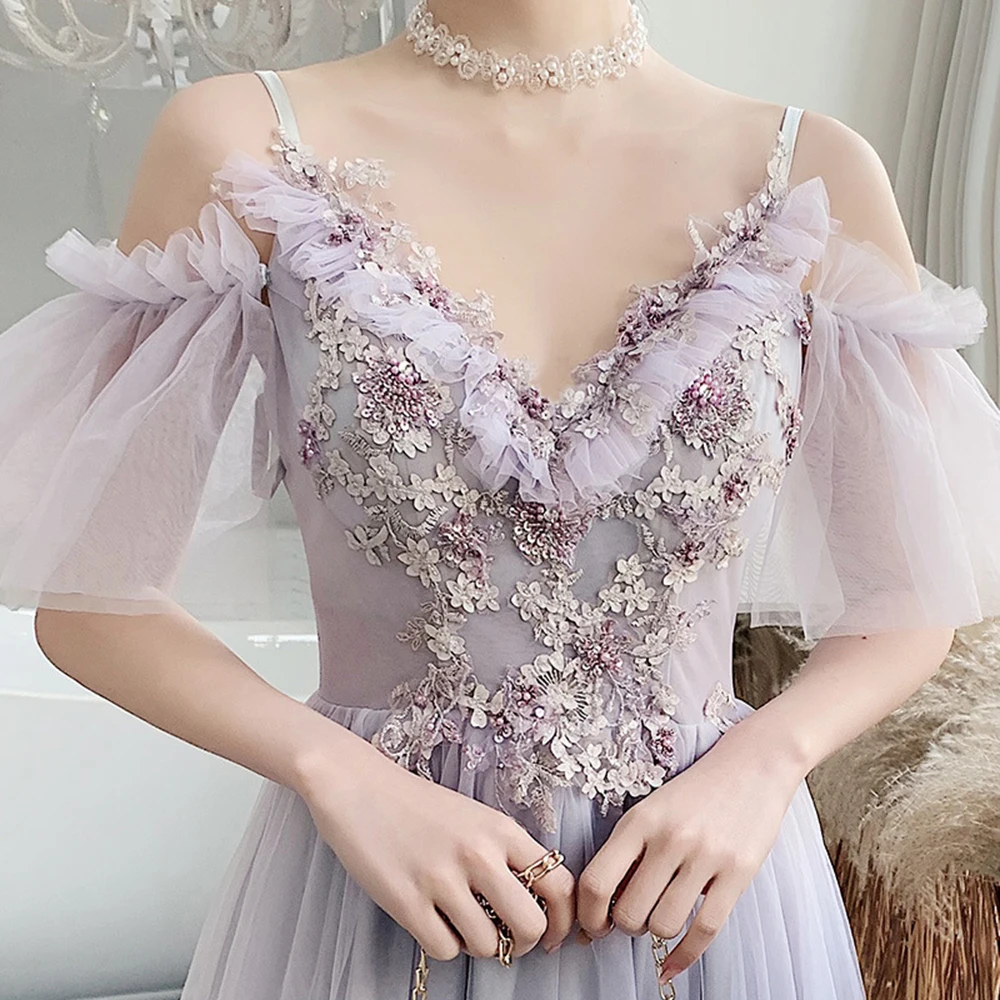 Elegent Purple 4 Styles Bridesmaid Dress Women Off The Shoulder Light Luxury Prom Gown Flower Applique Ruffles A-line Vestido