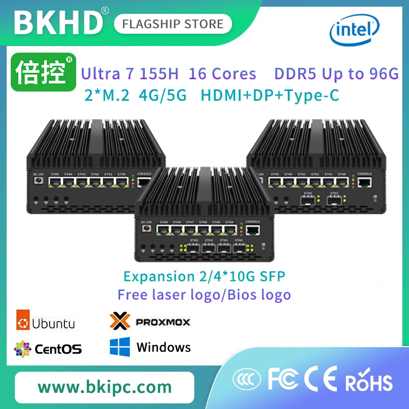 أجهزة BKHD H15 AI كمبيوتر صغير بدون مروحة Ultra 7 155H 185H 16 Cores 6x2.5G 2/4 SFP + جهاز توجيه جدار الحماية Minis Forum Proxmox WIFI 4G/5G