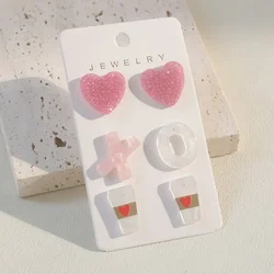 3 Pairs Vintage Cute Acrylic Earrings Set, Glitter Pink Heart & XO Coffee Cup Designs, Stainless Steel Posts Elegant Fashion Je