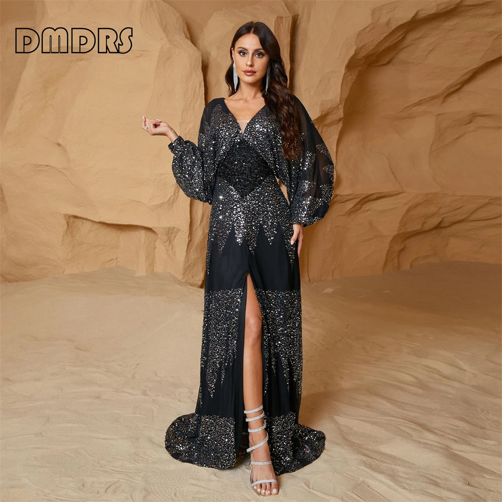 

Glitter Casual Long Dress for Women Elegant V Neck Full Sleeves Party Prom Gown Formal Occasion Vestidos De Gala Dinner Outfit