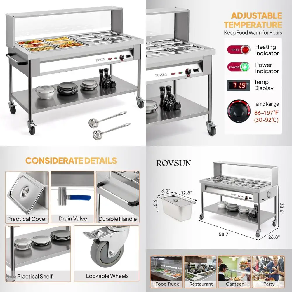 

96QT 1500W Electric Commercial ood Warmer, 12-Pan Steam Table 8QT/Pan StainlSteel Bain Marie w/Acrylic Shield Overshel Undershel