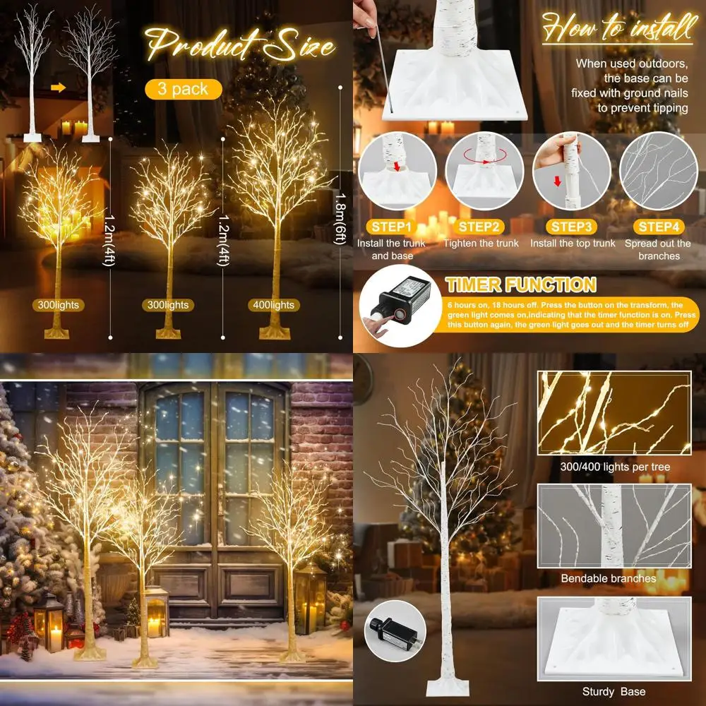 

Березы со светодиодной подсветкой, набор из 3 предметов, высота 4-6 футов, 8 режимов, теплые белые огни, рождественский декор для дома и улицы, День благодарения