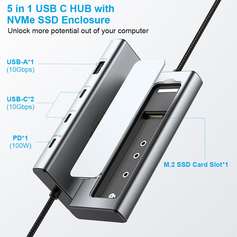 RSHTECH USB C Hub for M.2 NGFF&NVMe SSD with 2230/2242/2260/2280 Enclosure PD100W USB 3.2 Gen 2 10Gbps High Speed USB-C Docking