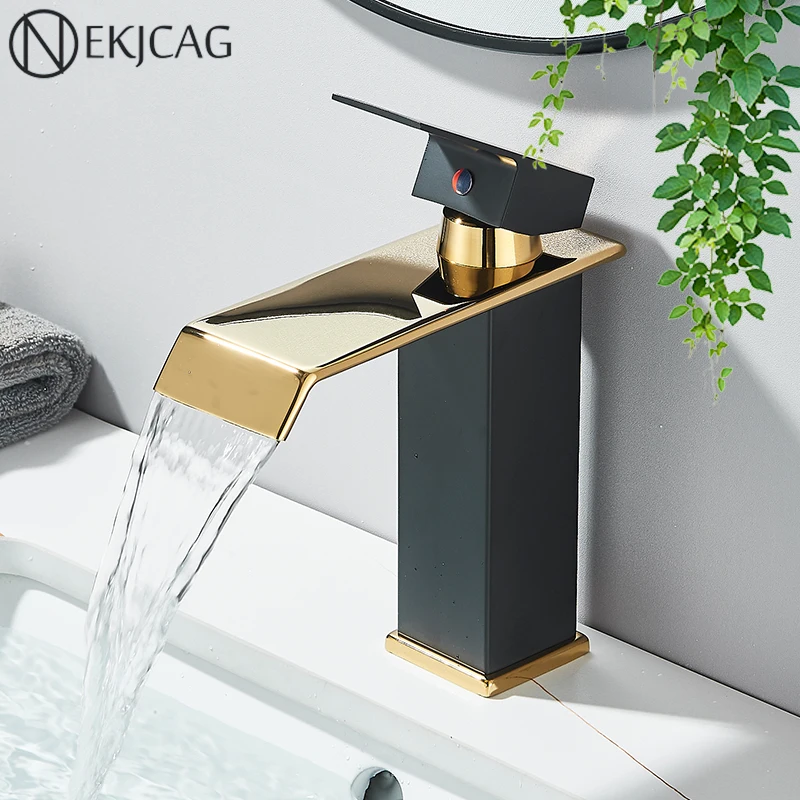 Waterfall Basin Faucet Deck Mounted Bathroom Sink Tap Black Gold Single Handle Cold and Hot Water Mixer Tap