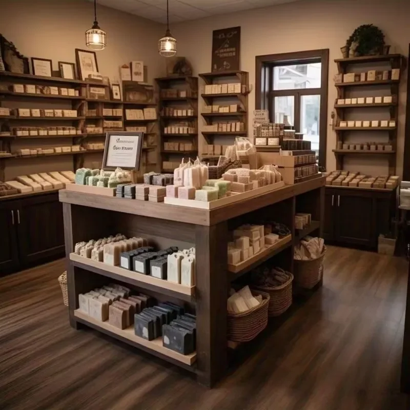 Custom Wooden Store Display Shelves and Island Table Fixtures for Soap Cosmetics and Gift Shops