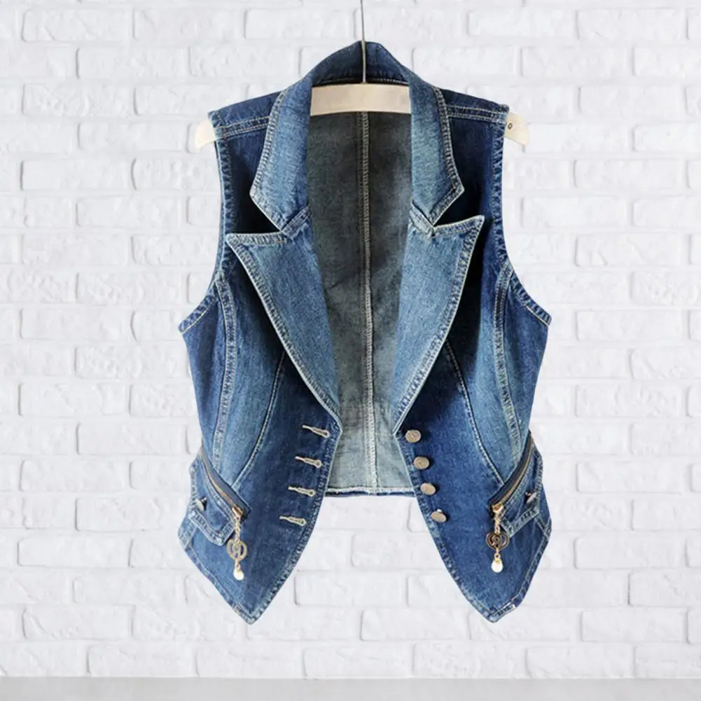 

Women Vintage Waistcoat Jean Vest Blazer Lapel Women's Hem Button Down Regular Fitted Fashion Dressy Suit