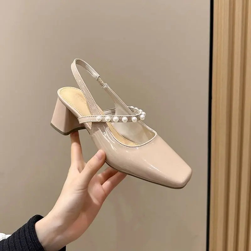 

2024 NEW Chunky Heels Women's Square Toe Thick Heel Pearl Bow Pumps Shoes New Mary Jane Shoes Sandals Baotou Mules Zapatillas