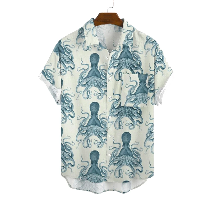 Molilulu Men's Fashion Vintage Clothing Octopus Short Sleeve Breathable Loose Printing Hawaiian Shirts