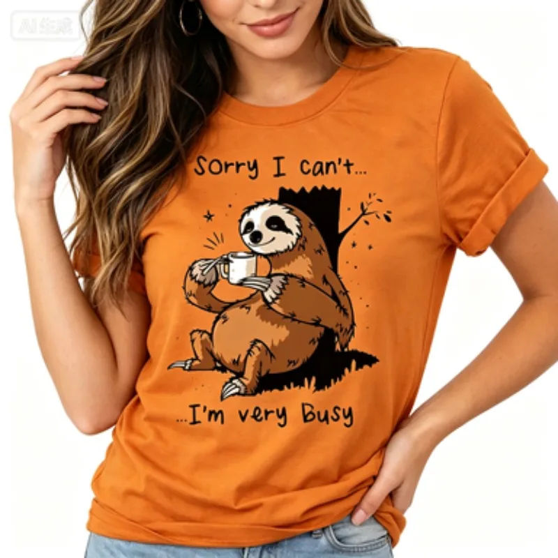Women Cartoon Animal‑themed Cotton Tee Humorous Sloth Quote Art Print Soft‑fit Round Neck Casual Fashion Ladies Tops