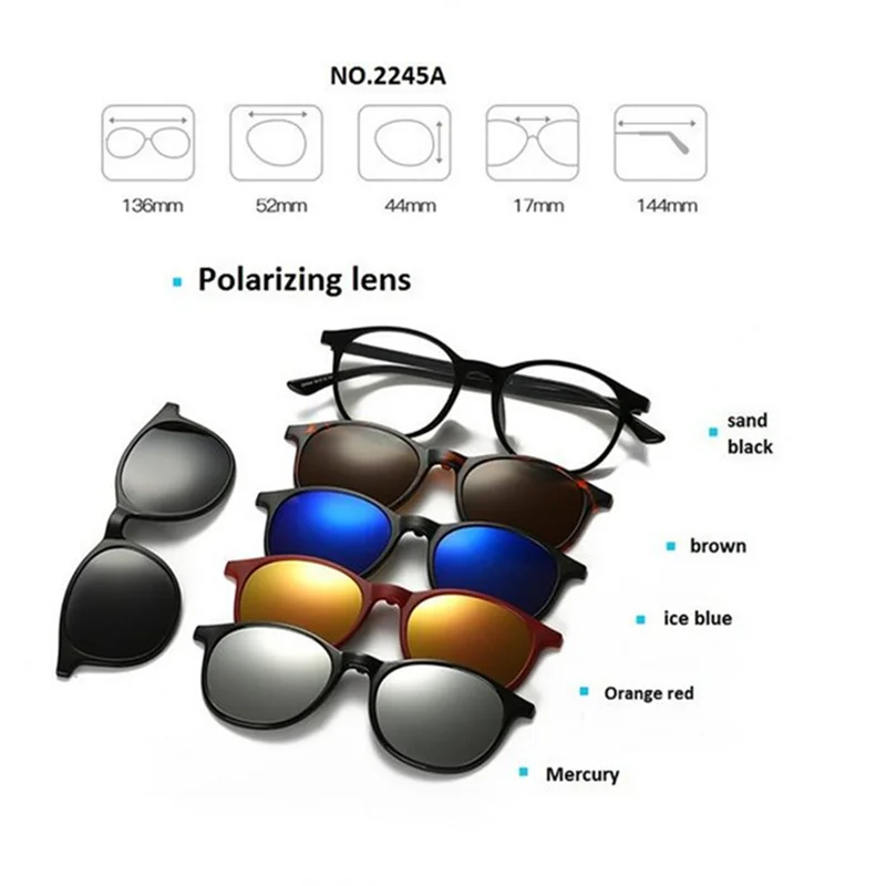 Fashion Myopia Clip Sunglasses Men Women With 5 Clip On Sunglasses Polarized Prescription Glasses 0 -1 -1.5 -2 -2.5 -3 -3.5 -4.0