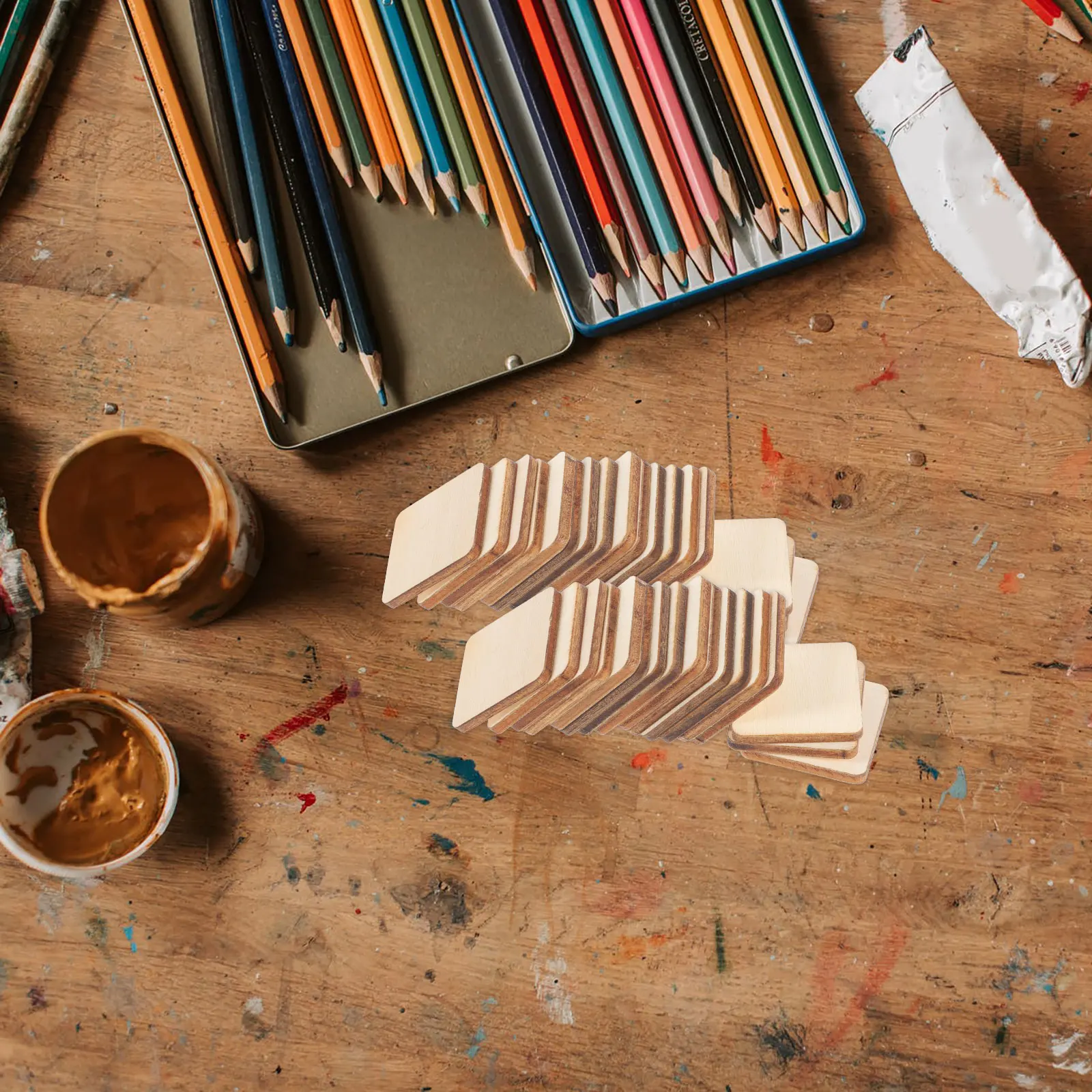 

300Pcs Square Wood Pieces Smooth Sturdy Surface Unfinished DIY Crafts Painting Art 25mm Square Slices Wood Slices