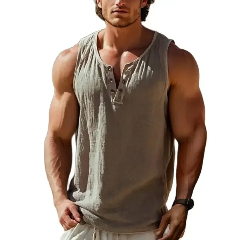 Streetwear Vintage Solid Color Mens Tank Tops Fashion Buttoned O Neck Camisoles for Men Casual Loose Sleeveless Vest Pullovers