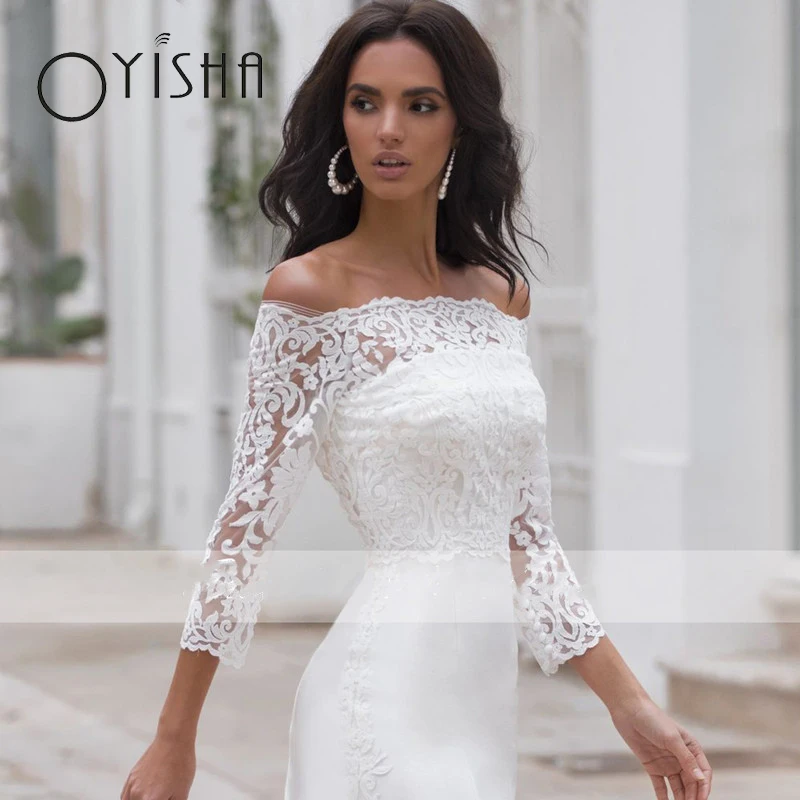 Oyisha Langarm Satin Brautkleider Boot Hals Applikationen Spitze Prinzessin Brautkleid zurück Knöpfe fegen Meerjungfrau Robe de Mariée