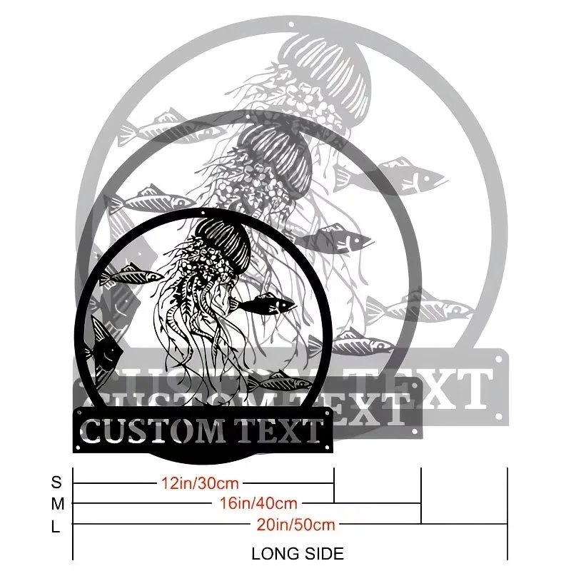 Customizable Octopus & Fish Silhouette Metal Wall Art Sign - Personalized Text, Black & White Modern Design, Round Frame