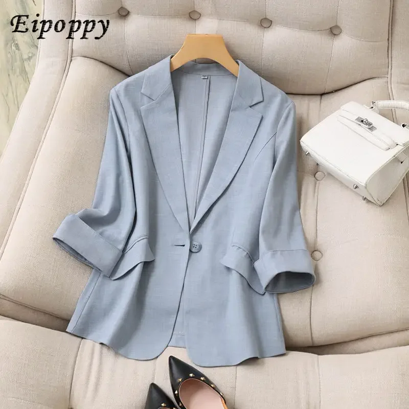 Tencel linen mini suit jacket for women, thin design with seven quarter sleeves