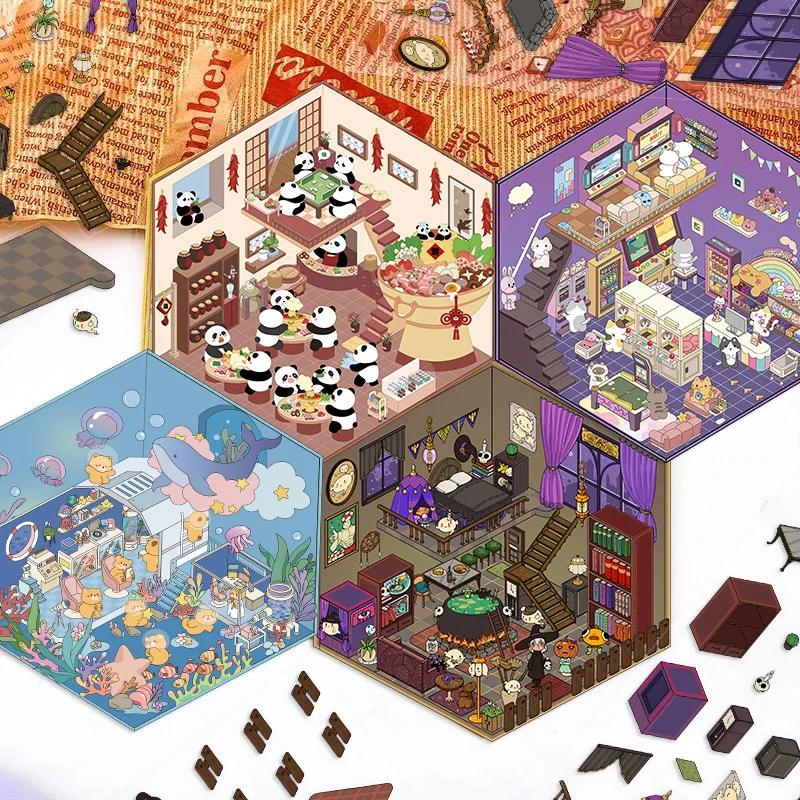 PET Cartoon Scenery Stickers Cute Miniature World 3D House Decompression DIY Scene Hand Account Stickers