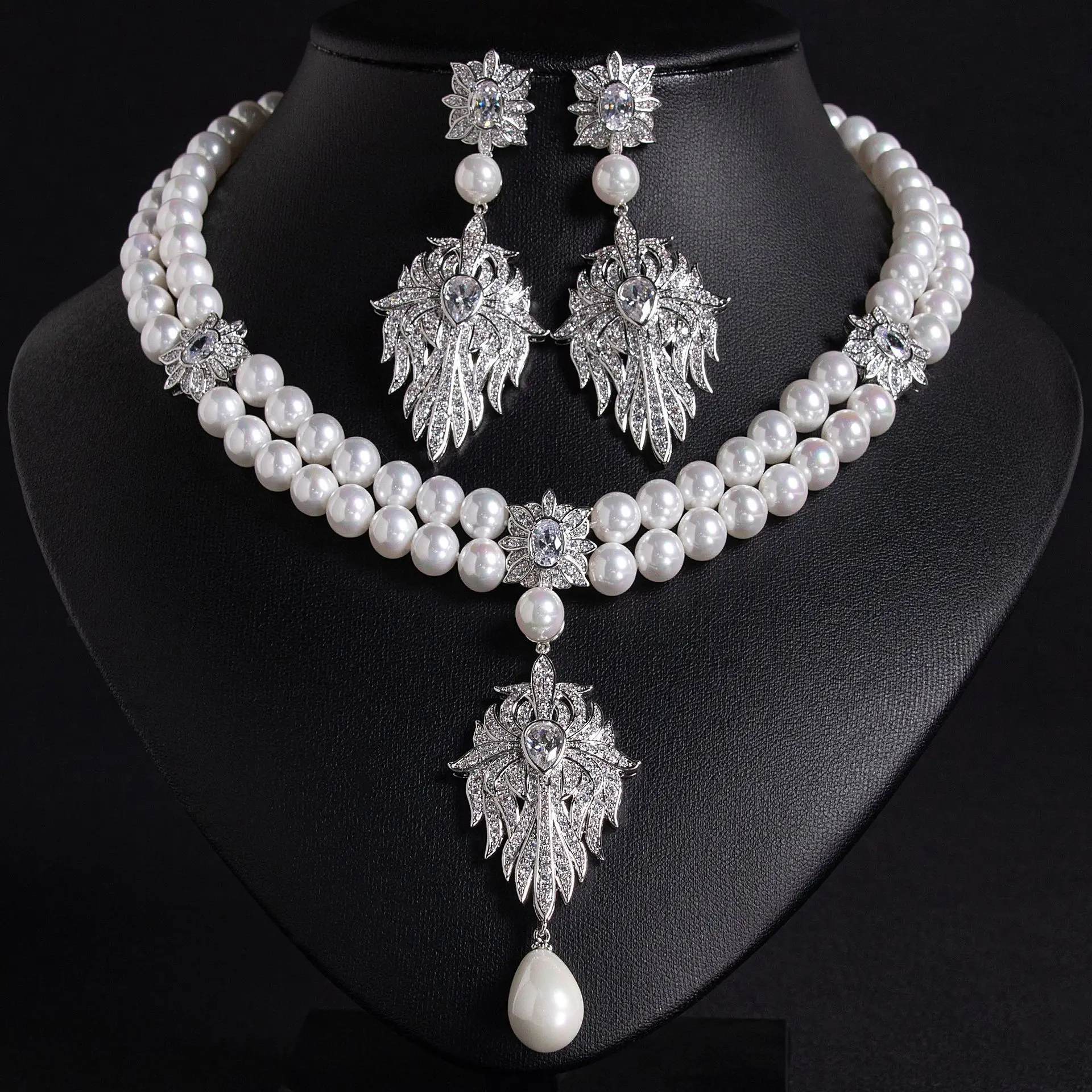 Moda de alta qualidade multi camadas pérolas maple leaf colar brincos 2 pçs conjunto jóias feminino festa casamento baile presente M-535