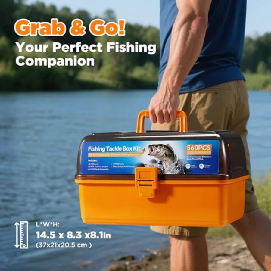 560-teiliges Angelgerät-Box-Set mit Ködern, Zangen, Haken, Zubehör, 4-lagige wasserdichte Aufbewahrungsbox, komplettes Angelausrüstungsset für F