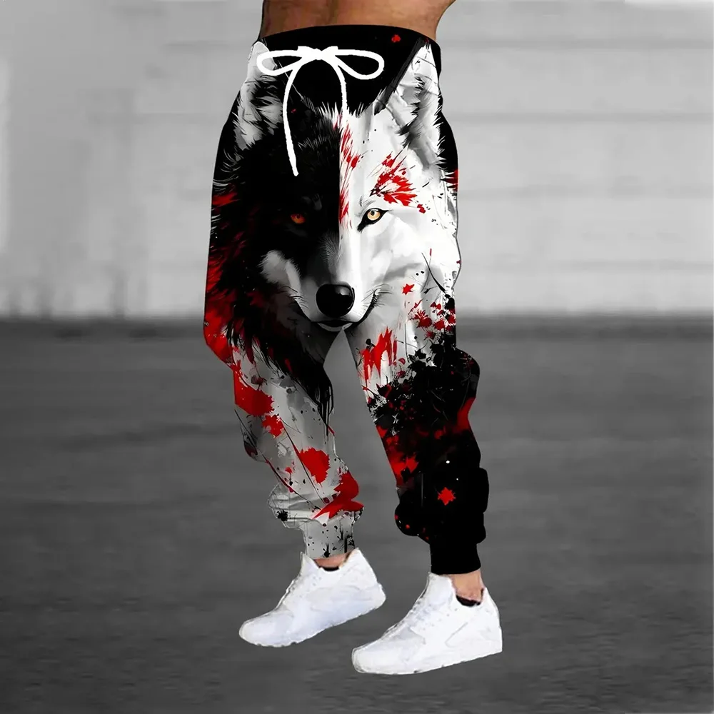 Winter thick thermal pants fashion Good evil Wolf print men's sweatpants men's loose casual pocket pull rope sweatpants