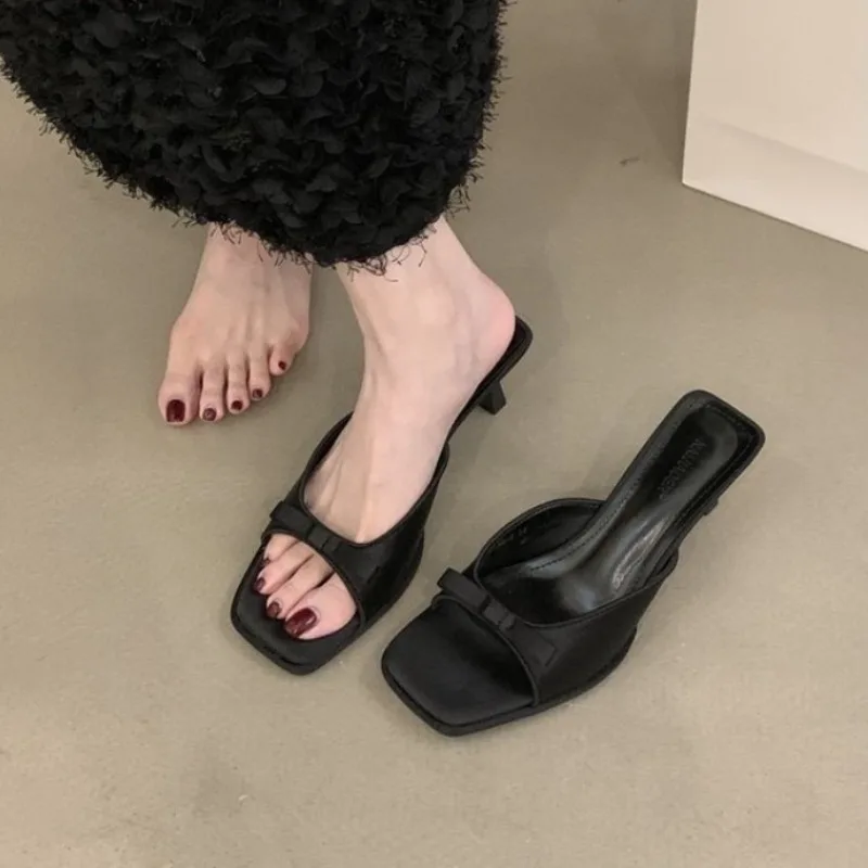 New Popular Designer Style Party Dress Women Slippers Shoes Fashion Butterfly-knot Summer Open Toe High Heel Ladies Slides Shoes
