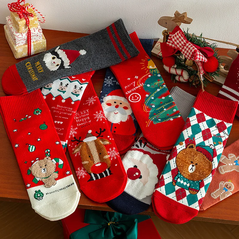 5 pares de meias femininas de meia panturrilha, árvore de natal e veados, presente de natal, meias de casal, cor vermelha para inverno, outono, temporadas