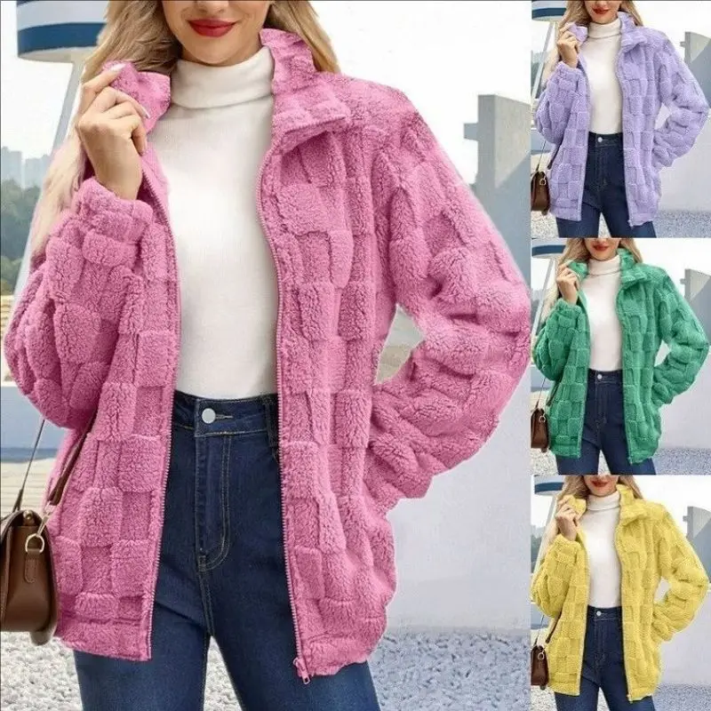 

Autumn Winter Fashion Women Warm Plush Zipper Plaid Jacket Turn Down Collar Female Casual Cardigan Coat Office Lady Street Outw