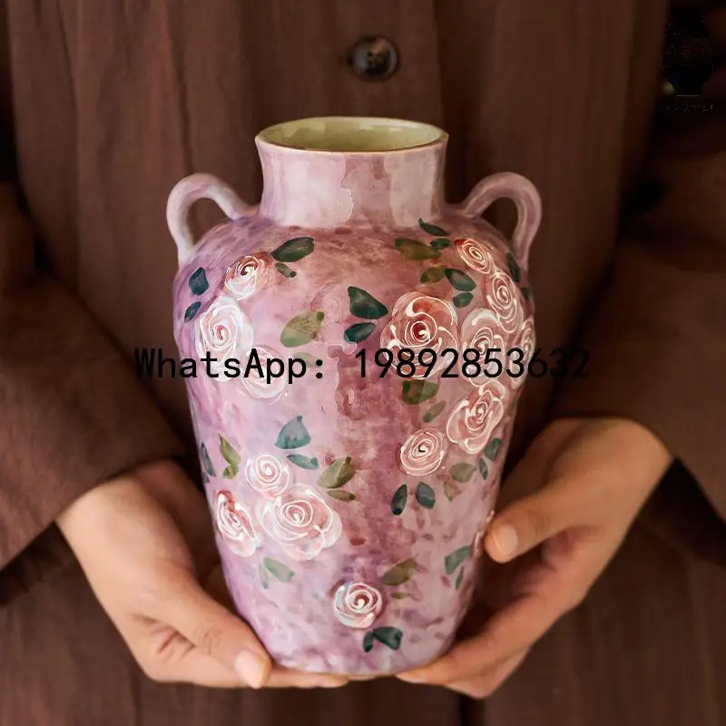 

Ceramic Vase Hand-painted Rose Flower Vase Hand-made Ceramic Bottle Floral Arrangement Accessories Home Decoration