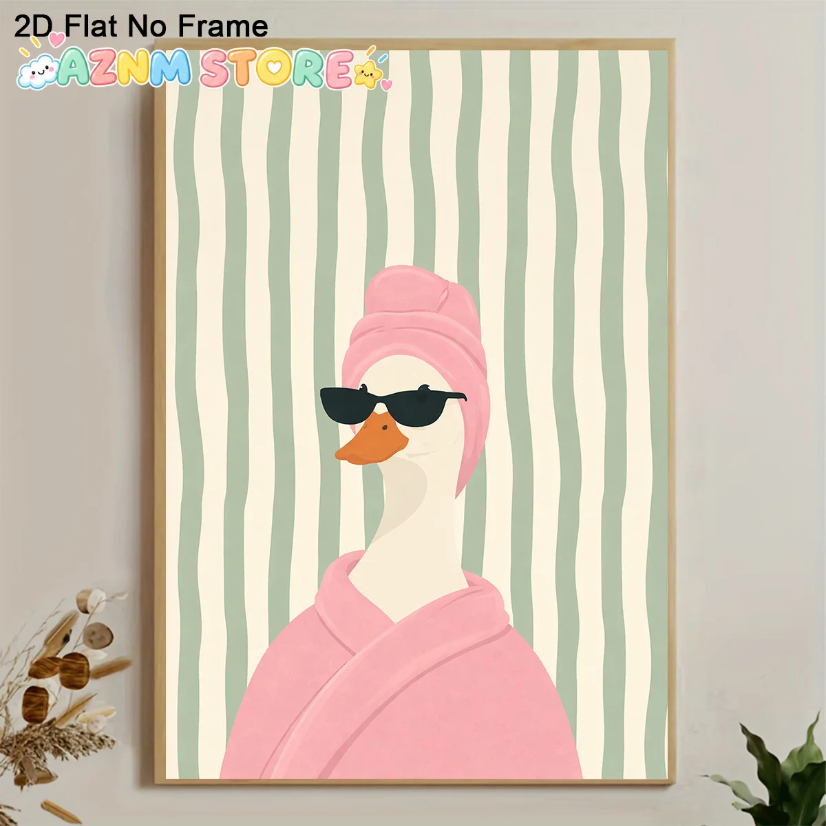 2D Flat, 1pc Modern Frameless Canvas Poster - Cute Goose in Pink Bathrobe & Fashion Glasses Wall Art, Green Stripe Background