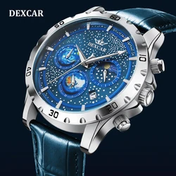 DEXCAR Men's Watches 2023 Quartz Watch for Men Chronograph Sports Waterproof Moon Phase Starry Sky Leather Clock Reloj Hombre