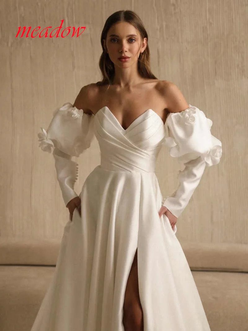 Vestido De Novia De satén De lujo, elegante, blanco, personalizado, manga desmontable, con cordones en la espalda, temperamento para fiesta De Novia
