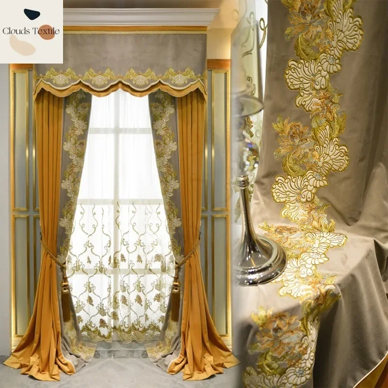 

French Light Luxury New Chinese Style Velvet Patchwork Embroidery Embroidery Curtains for Living Dining Room Bedroom Customize