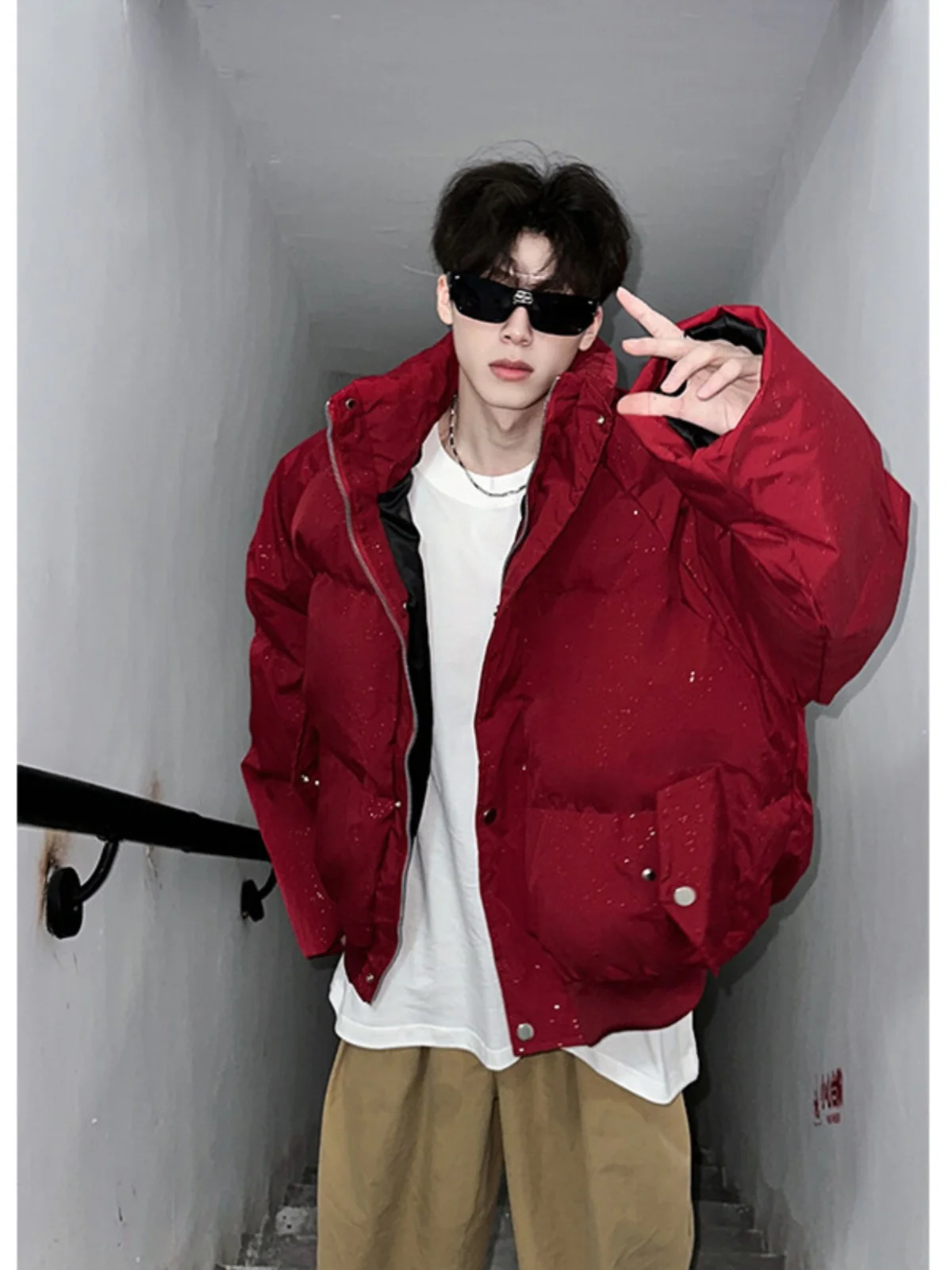 

Red Wine Short Cotton Jacket Men's Winter American High Street Cool Bread Style High-End Feeling Cotton Coat Casual Outerwear