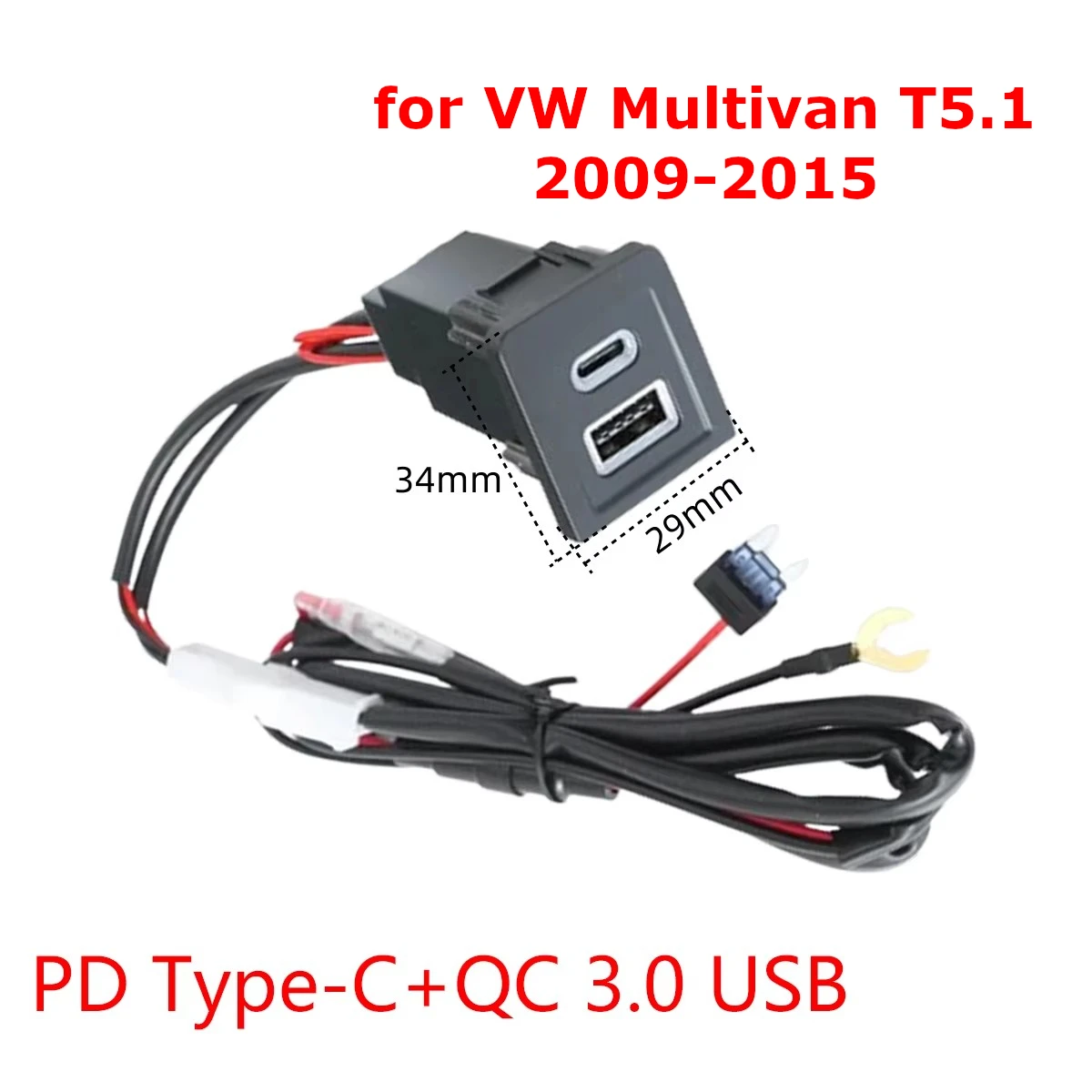 34mmx 29mm PD Type-C+QC 3.0 USB Car Fast Charger Socket Central Control Lower Right Hole for VW Multivan T5.1 2009-2015