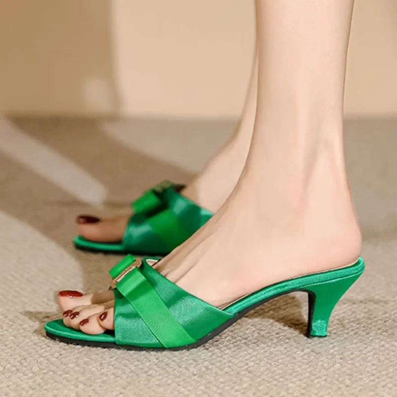 Lady Barefoot Casual Slides Metal Bow-Knot Silk Satin Thin High Heel Slides Front Open Toe Shoes 6cm Green Red Black Beige 45 9