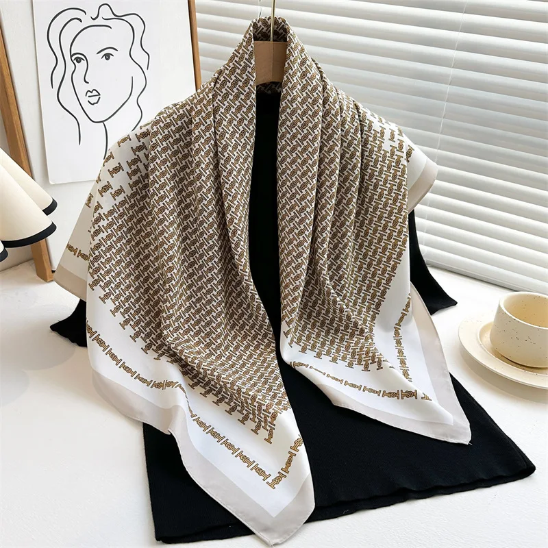 Korean Popular Shawls Europe America Fashion Bandannas Print Sunscreen 90X90cm Kerchief Four Seasons Luxury Square Silk Scarves