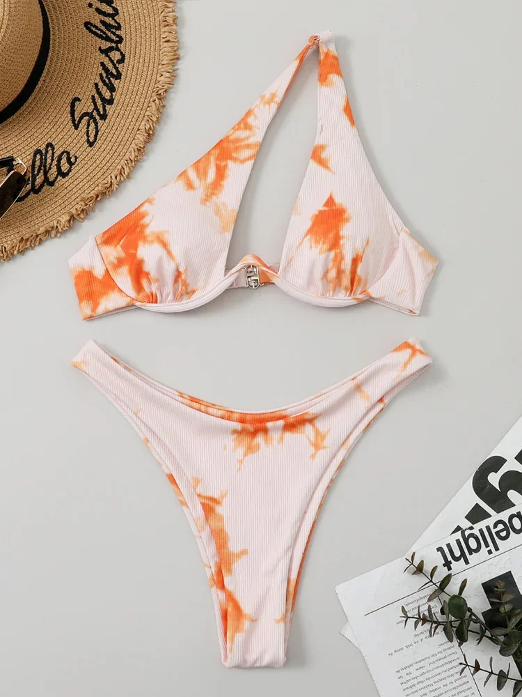 AOTVOTEE Sexy Leopard One Shoulder Bikini 2-teiliges Set für Frauen Split Badeanzug Strand Bikini 2025 Neue Sommer Bademode Bikini Set