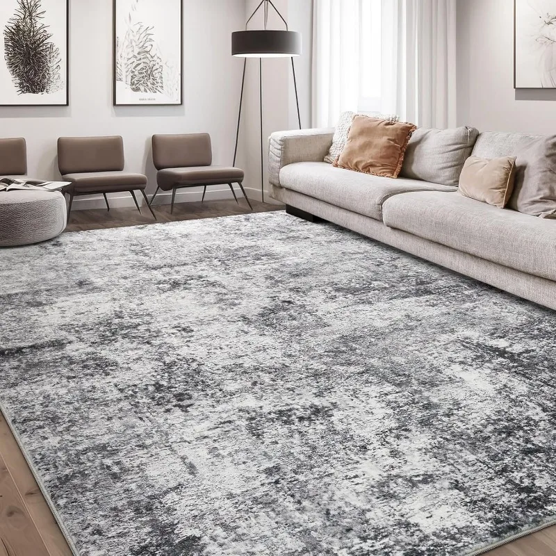 9x12 Large Soft Indoor Neutral Modern Abstract Low Pile Washable Rug Carpet for Bedroom Dining Room Farmhouse Home Office - Grey