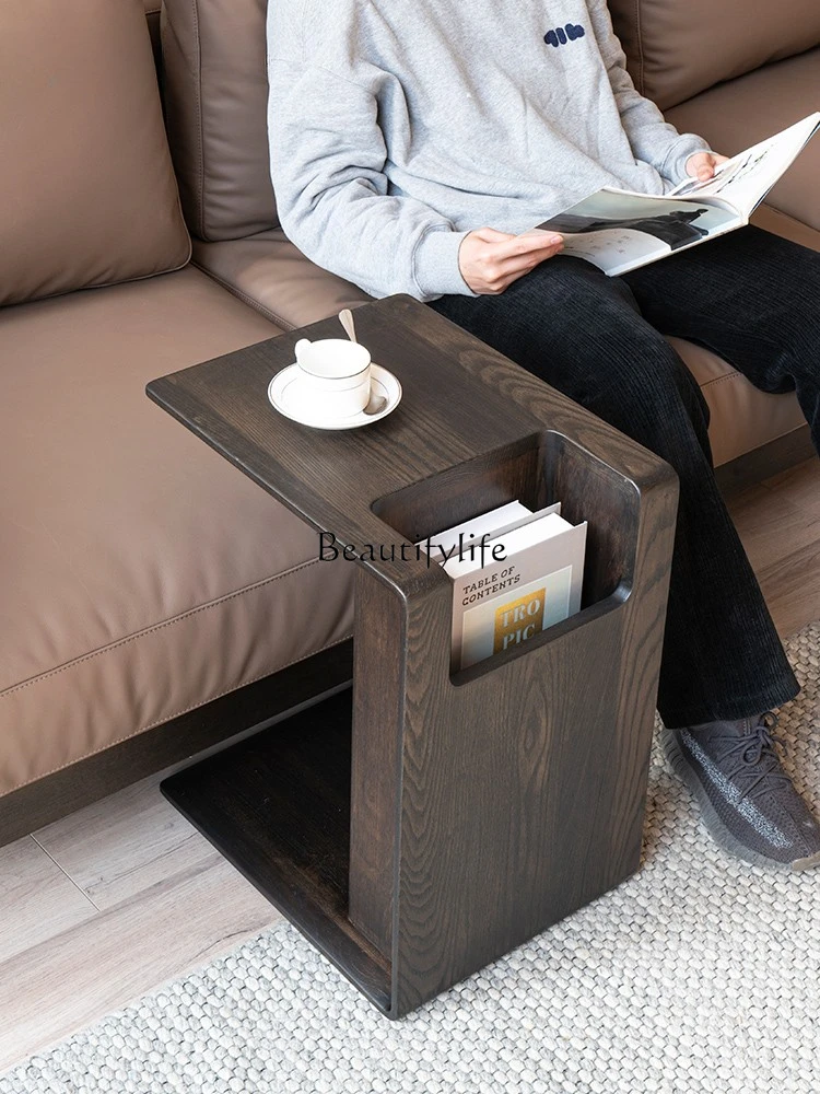 Minimalist Pewter Solid Wood Storage Side Table Antique Style Movable Sofa Side Cabinet