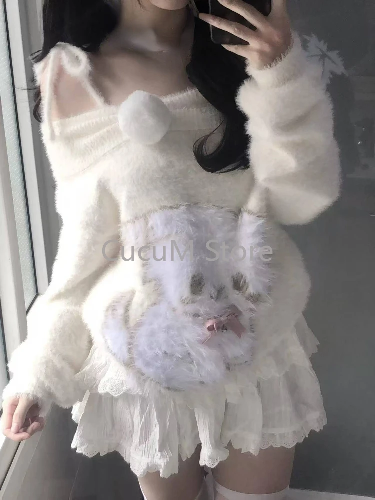 Women White Pullover Knitted Sweater Harajuku Aesthetic Y2k Long Sleeves Sweaters Fashion Vintage 2000s Clothes Chic  2024