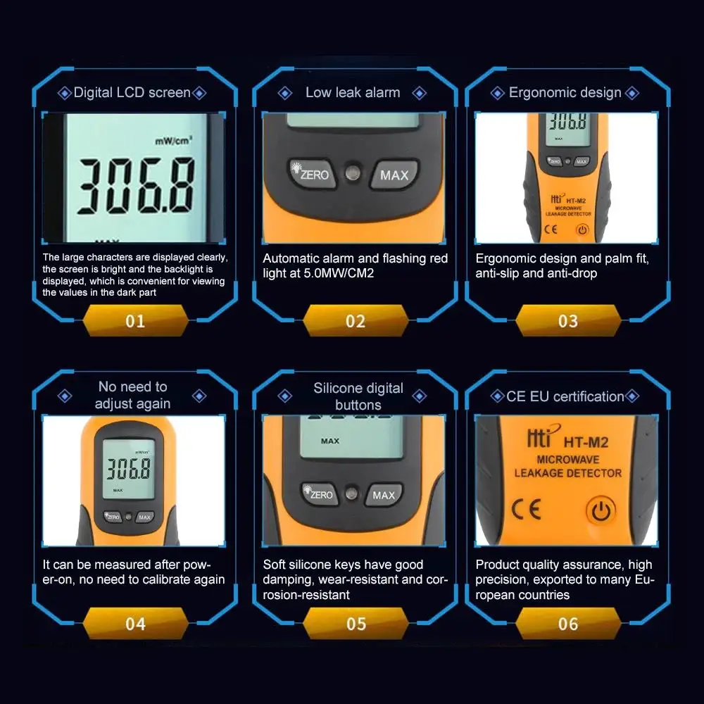 HTI HT-M2 Portable Microwave Leakage Detector, Digital LCD Display, Backlight, High Accuracy, Radiation Tester,  0-9.99mW/cm2