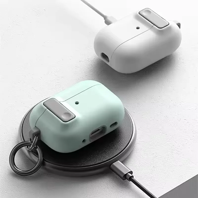 Capa de fone de ouvido com trava de segurança para airpods 4 gen 3 1 pro2 chaveiro de metal azul carregamento sem fio à prova de choque capa dura para fone de ouvido