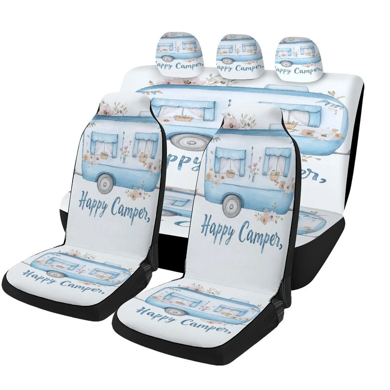 Happy Camper Themed Car Seat Covers Suitable For Most Cars - Heavy-Duty Campfire & Tent, Machine-Washable Cover For 2 Front & Re