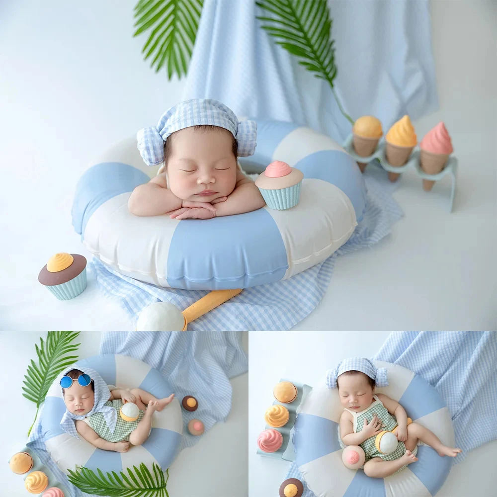 Newborn Photography Props Hawaii Swimming Pool Theme Baby Clothing Headscarf Set Swimming Ring Ice Cream Infant Posing Accessory