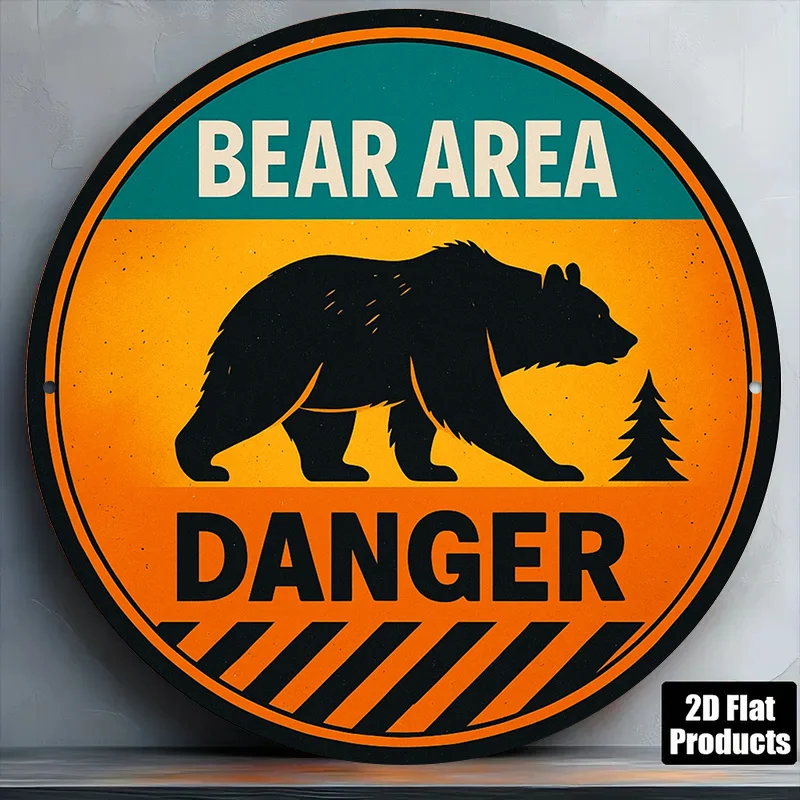 2D Retro Metal Sign, Aluminum Round Warning Plaque, Vintage Bear Danger Decoration for Outdoor Camping Hiking Park Trail Gift