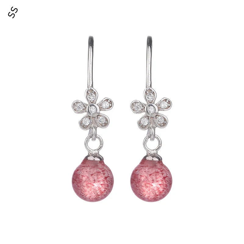 

Sweet Girl Ear-hook Natural Strawberry Crystal Beads Pendant Earrings S925 Studs for Women Winter/Autumn Garment Accessories