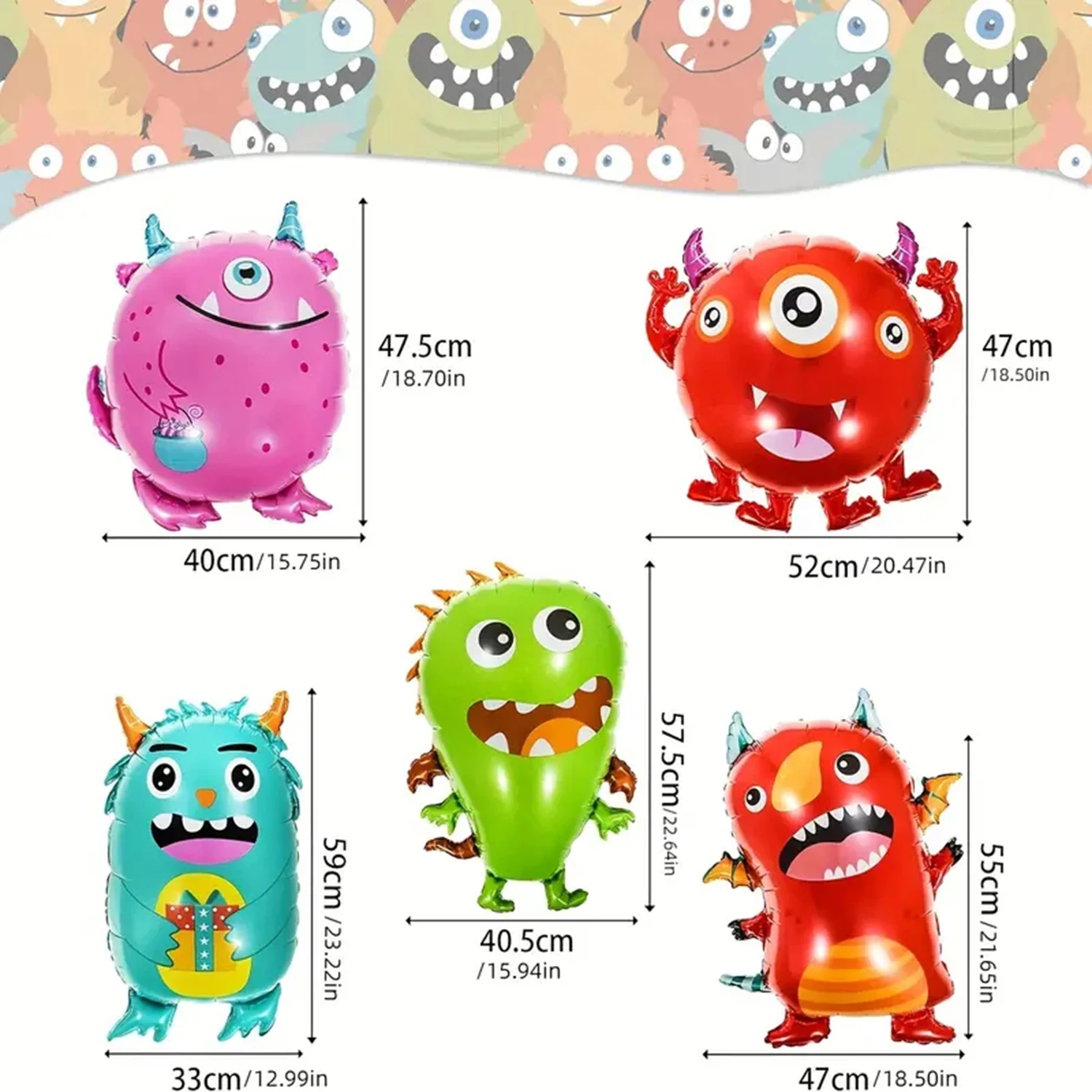 5 pieces, monster themed party aluminum foil balloons, cute monster aluminum balloons suitable for birthday parties