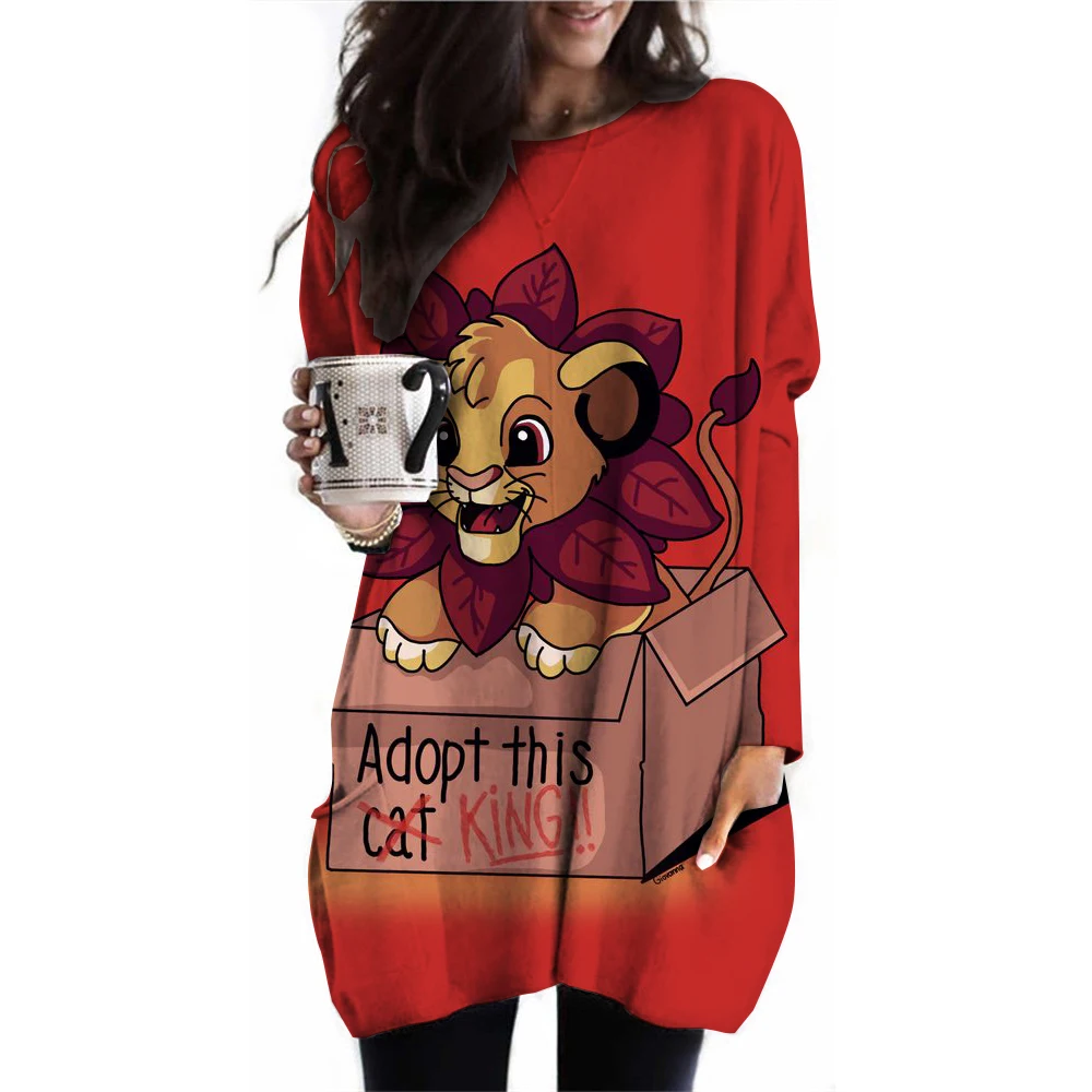 

S-3XL Women's Disney Lion King Printed Pocket T-shirt Loose Long Sleeve T-shirt Fashion Street Women's Clothing T-shirt Top